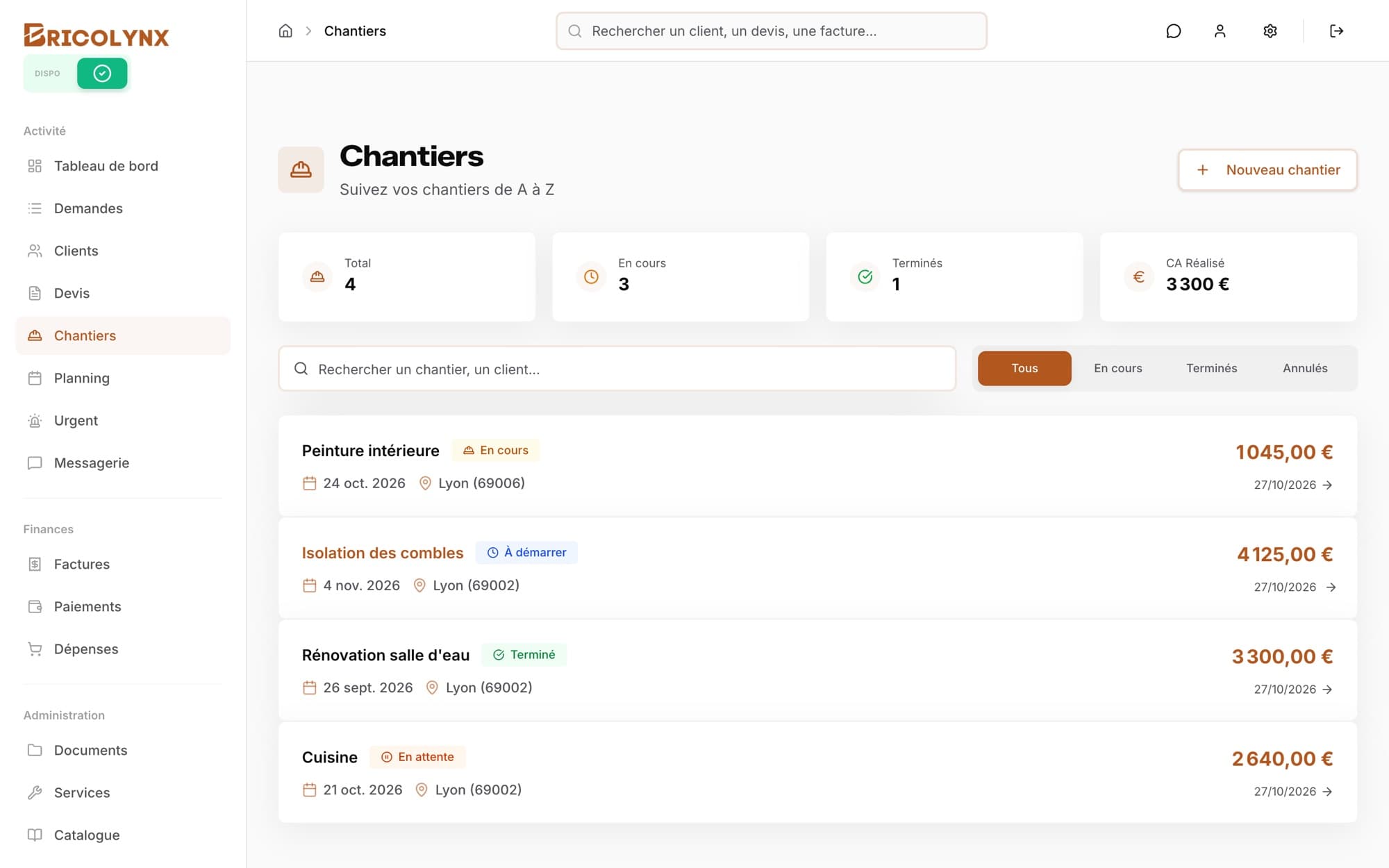 Liste des chantiers de Bricolynx Pro avec leurs statuts et montants
