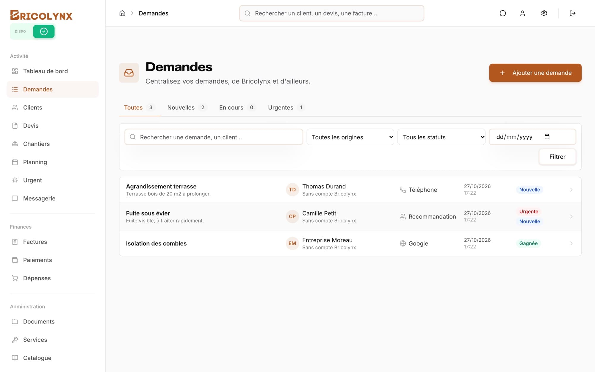 Demandes de Bricolynx Pro : demandes de la marketplace et demandes saisies à la main