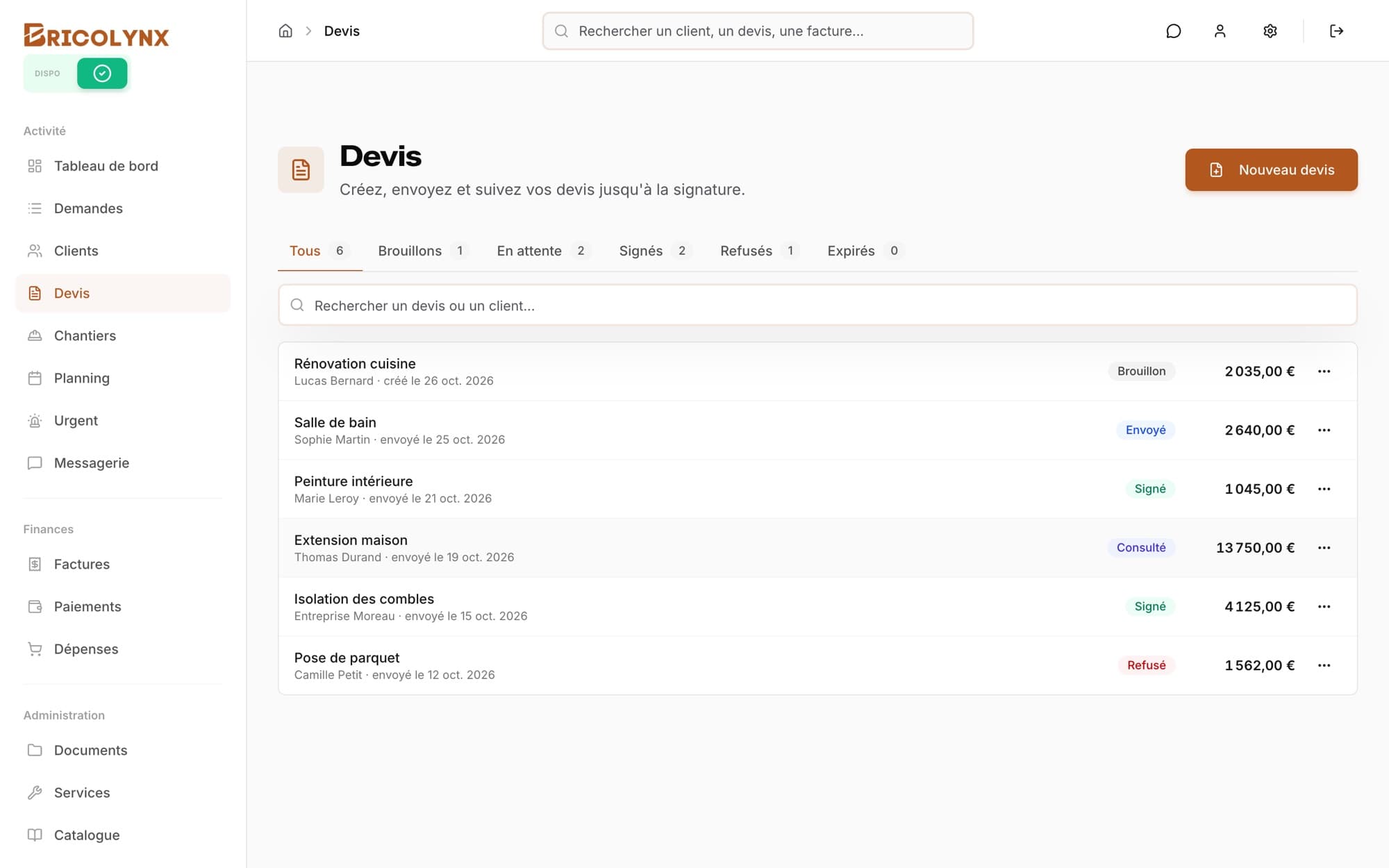 Liste des devis de Bricolynx Pro avec leurs statuts : brouillon, envoyé, consulté, signé, refusé